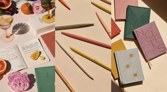 Combination photo of cocktail recipe book, pens in the middle, and colorful notebooks on right side