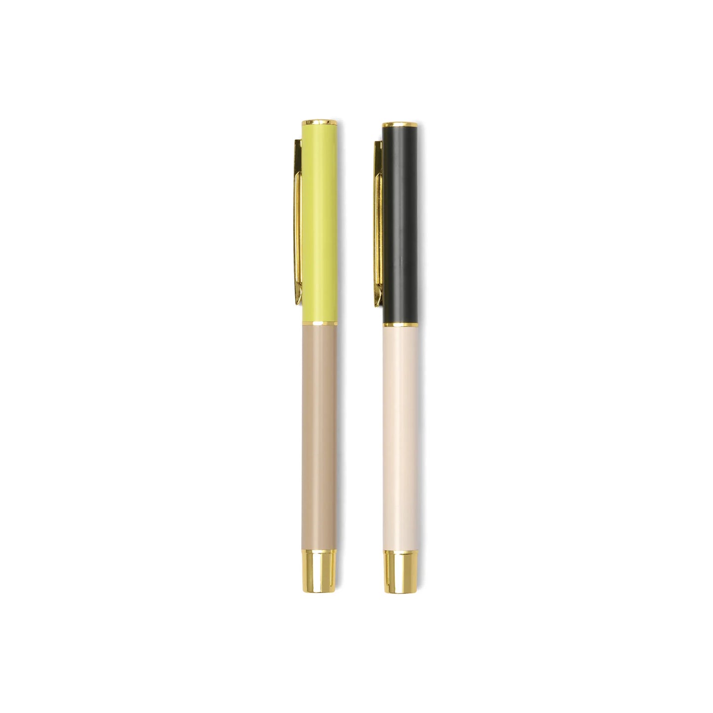 The Color Block Pens - Set of 2 - Off White + Taupe stand upright on a white background, featuring gold accents and a stylish design that blends elegance with function, perfect for any desk or pen collection.