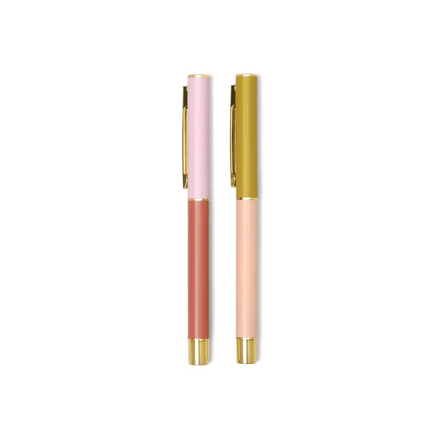 The Color Block Pens - Set of 2 - Rosewood + Blush, featuring gold clips and caps in rosewood and blush hues, are shown on a white background.