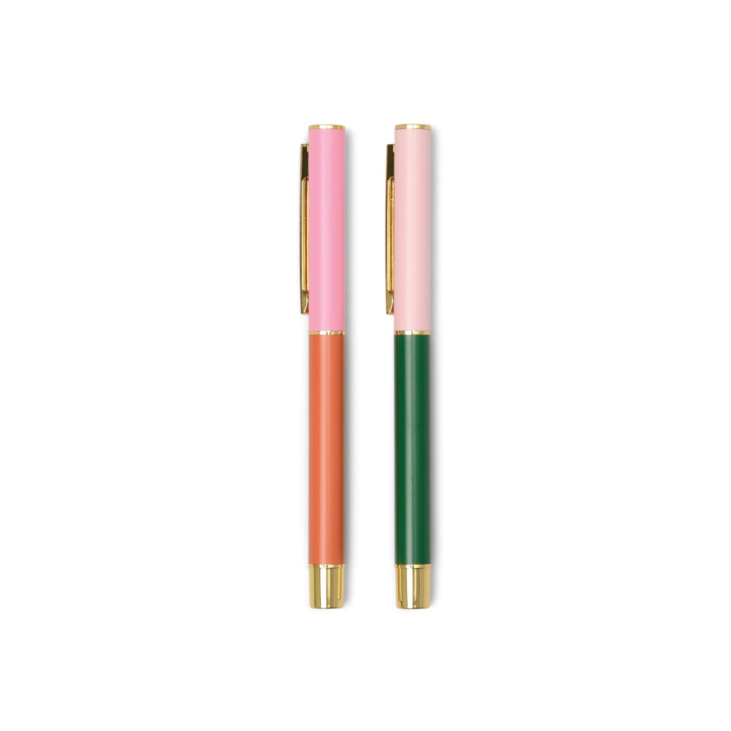 The Color Block Pens - Set of 2 - Red Orange + Emerald stand upright side by side, featuring gold accents and ultra-fine ballpoint tips for stylish, precise writing.
