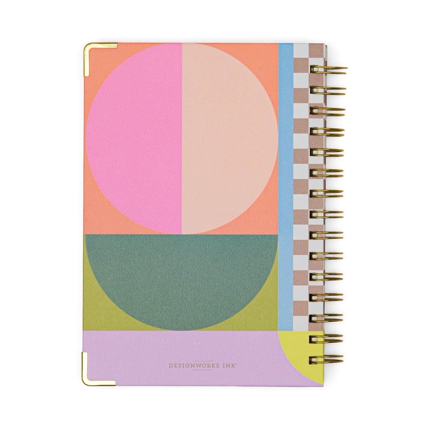 The 13 Mo Perpetual Planner - Geo Checks is a durable, wire-bound notebook with a colorful geometric cover design—ideal for planning and note-taking all year round.