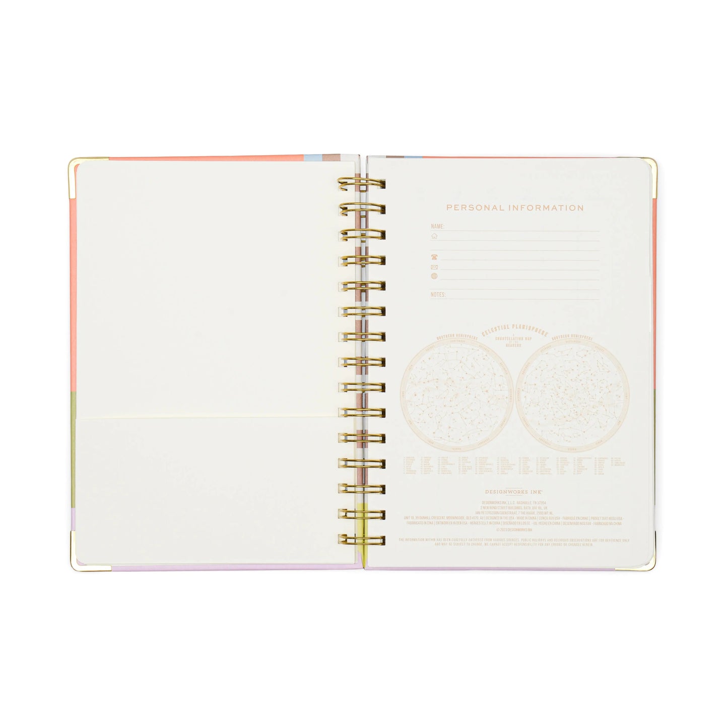 The 13 Mo Perpetual Planner - Geo Checks is a durable, wire-bound notebook with a blank left page and a right page titled Personal Information featuring spaces for details and astrological charts—ideal for planners and organizers.