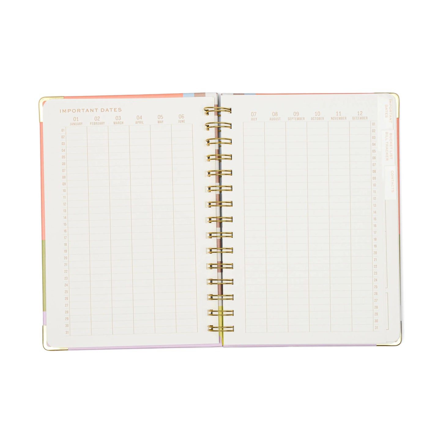The 13 Mo Perpetual Planner - Geo Checks is a durable wire-bound planner featuring two blank pages for recording important dates and monthly events.