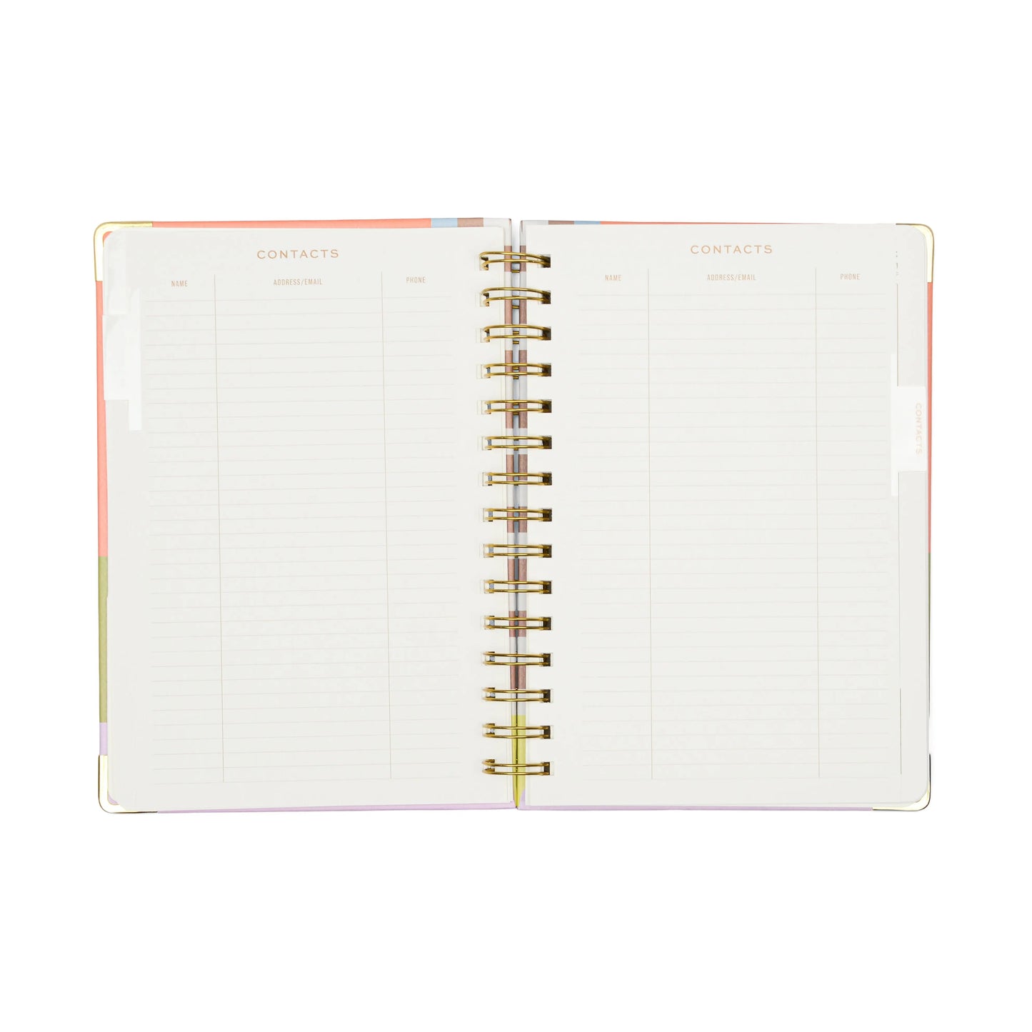 The 13 Mo Perpetual Planner - Geo Checks is an open, durable wire-bound planner with two contact info pages featuring columns for name, address, email, and phone—ideal for organized planners.