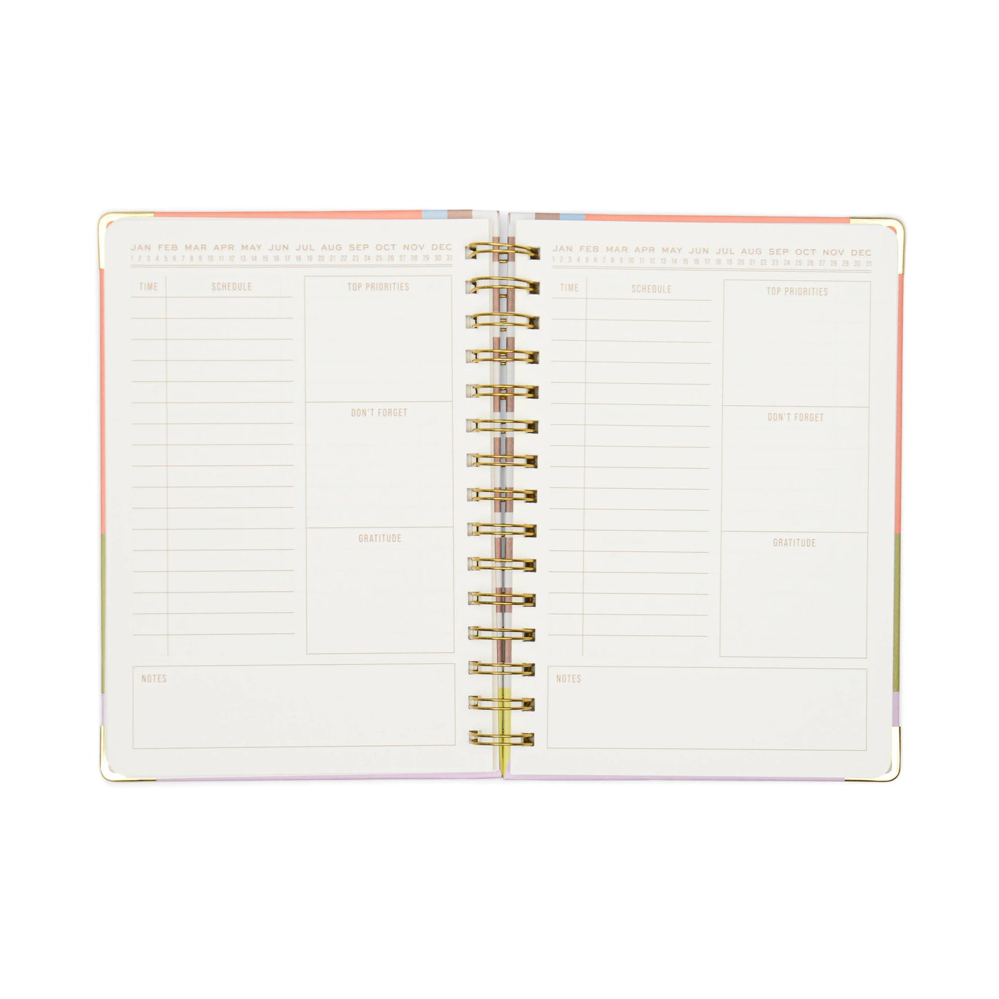 The 13 Mo Perpetual Planner - Geo Checks features a wire-bound, durable design with two blank pages showing sections for schedule, top priorities, reminders, gratitude, and notes.