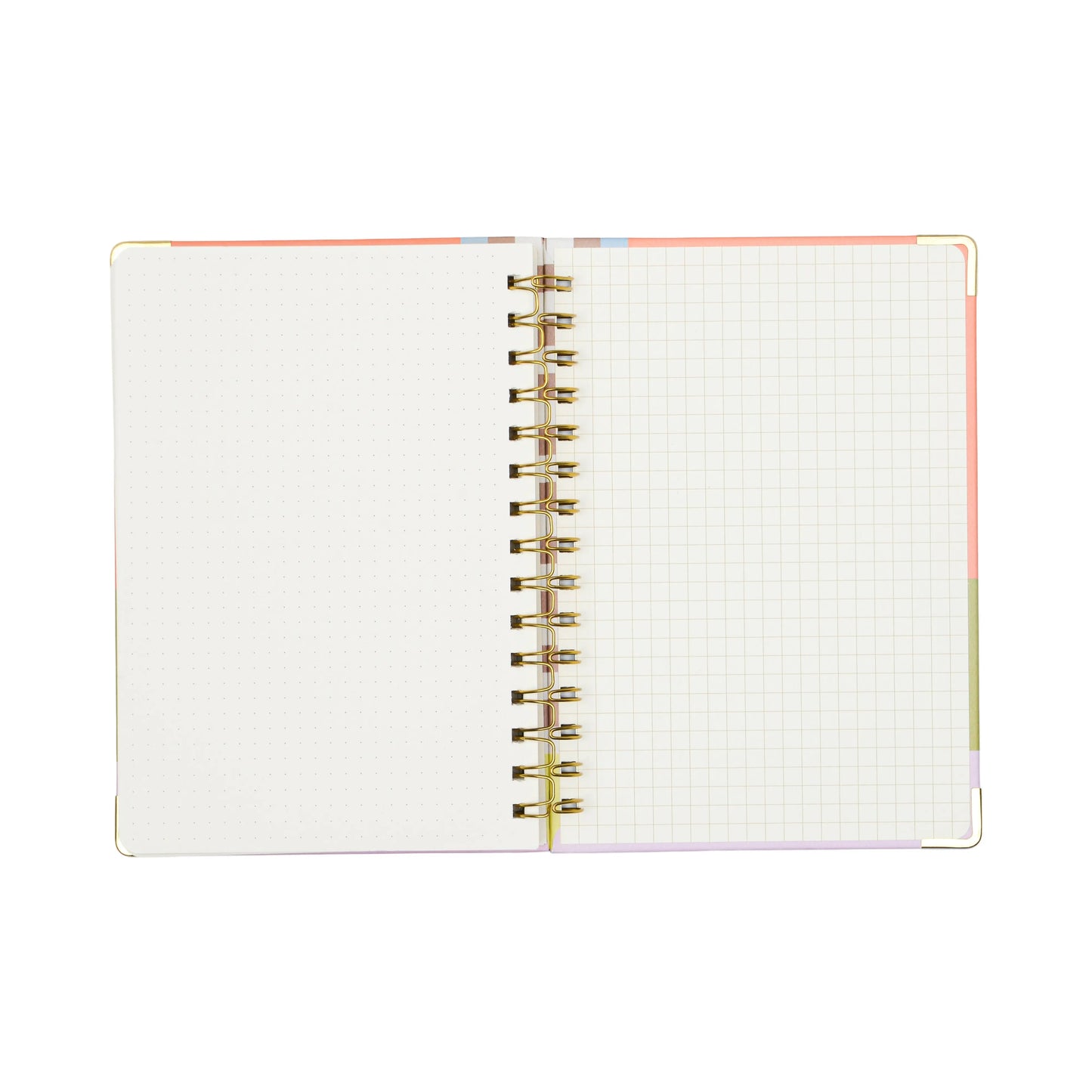The 13 Mo Perpetual Planner – Geo Checks features an open, durable wire binding with a dotted page on the left, grid on the right, and colored tabbed dividers—ideal for planning and organization.
