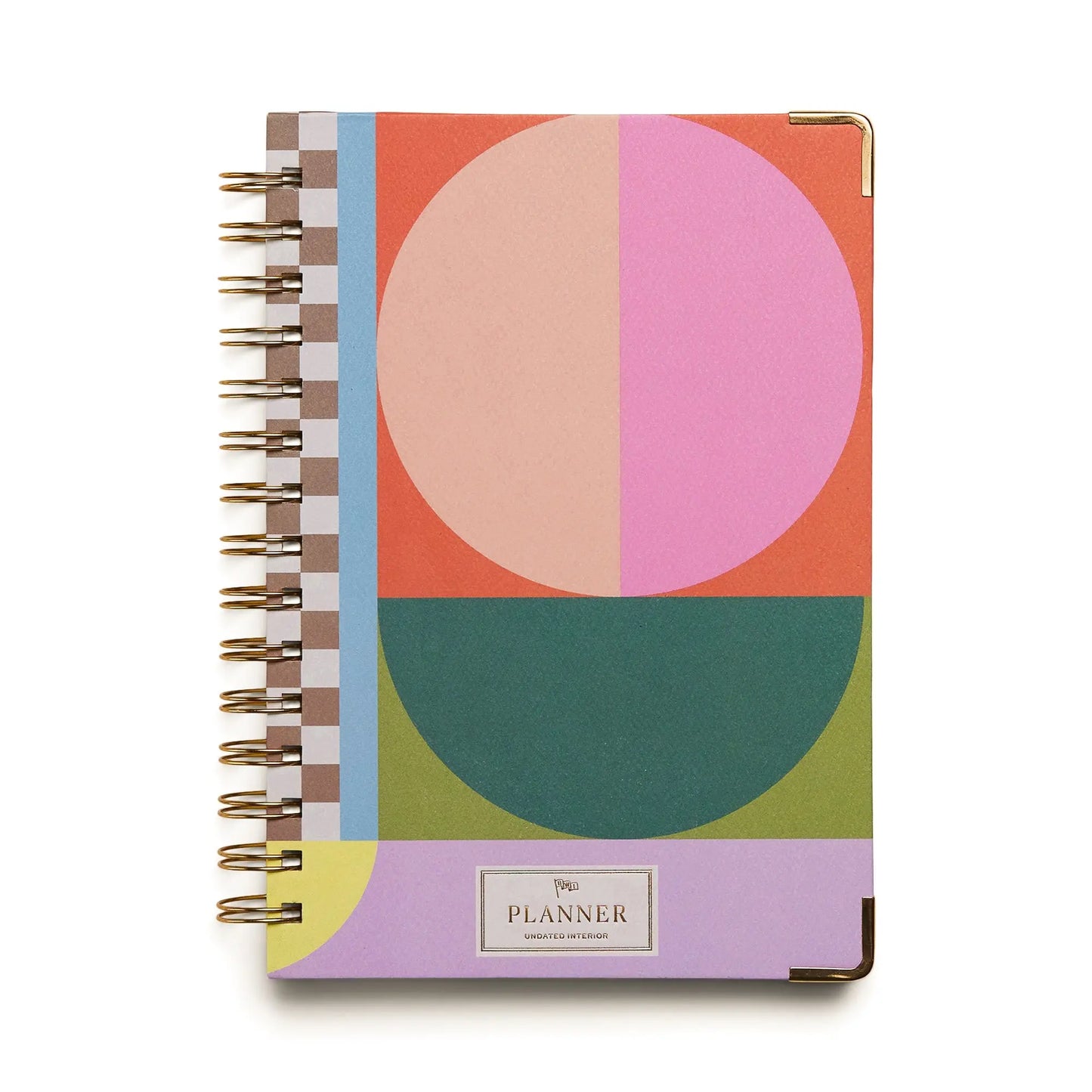 The 13 Mo Perpetual Planner - Geo Checks is a durable wire-bound organizer with a hardcover in bold geometric patterns and vibrant pink, orange, green, and purple hues, plus gold corner accents—ideal for anyone who wants a standout, stylish planner.