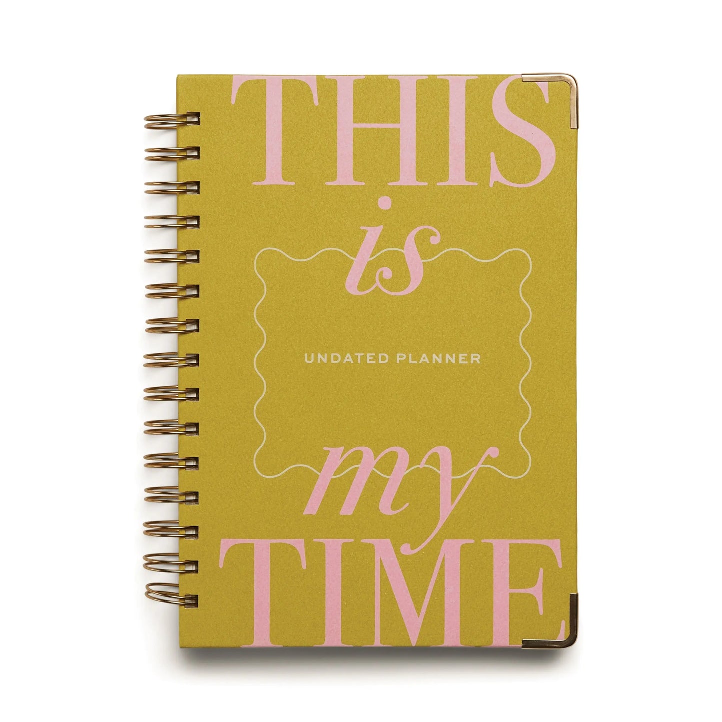 The 13 Mo Perpetual Planner - My Time is a yellow spiral-bound planner with pink THIS is my TIME text on the cover—ideal for daily planning and practicing gratitude.