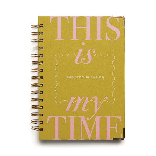 The 13 Mo Perpetual Planner - My Time is a yellow spiral-bound planner with pink THIS is my TIME text on the cover—ideal for daily planning and practicing gratitude.