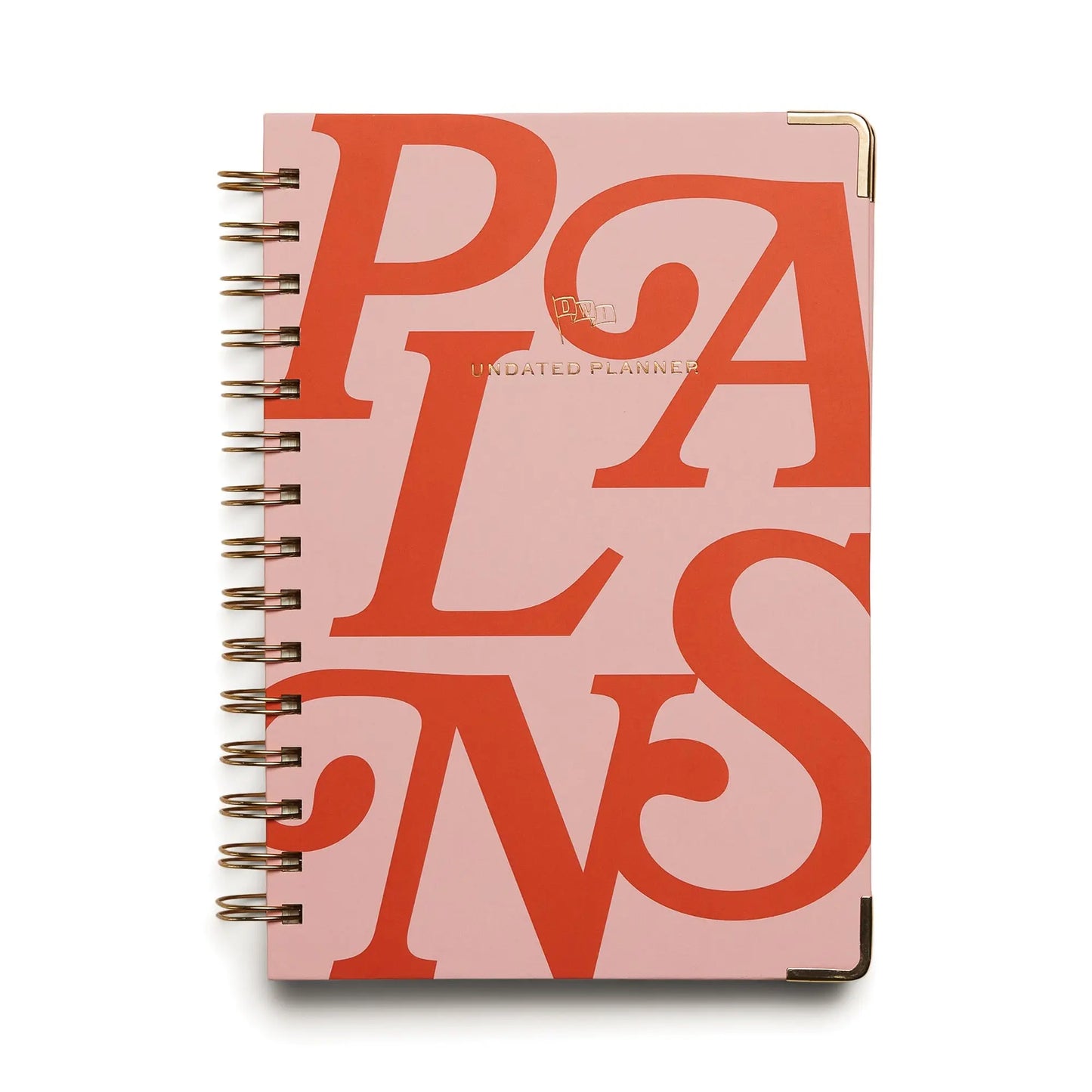 Stay organized with the 13 Mo Perpetual Planner - Plans: a pink spiral-bound, undated planner featuring bold red PLANS lettering and gold Undated Planner text—ideal for tracking your routine all year round.