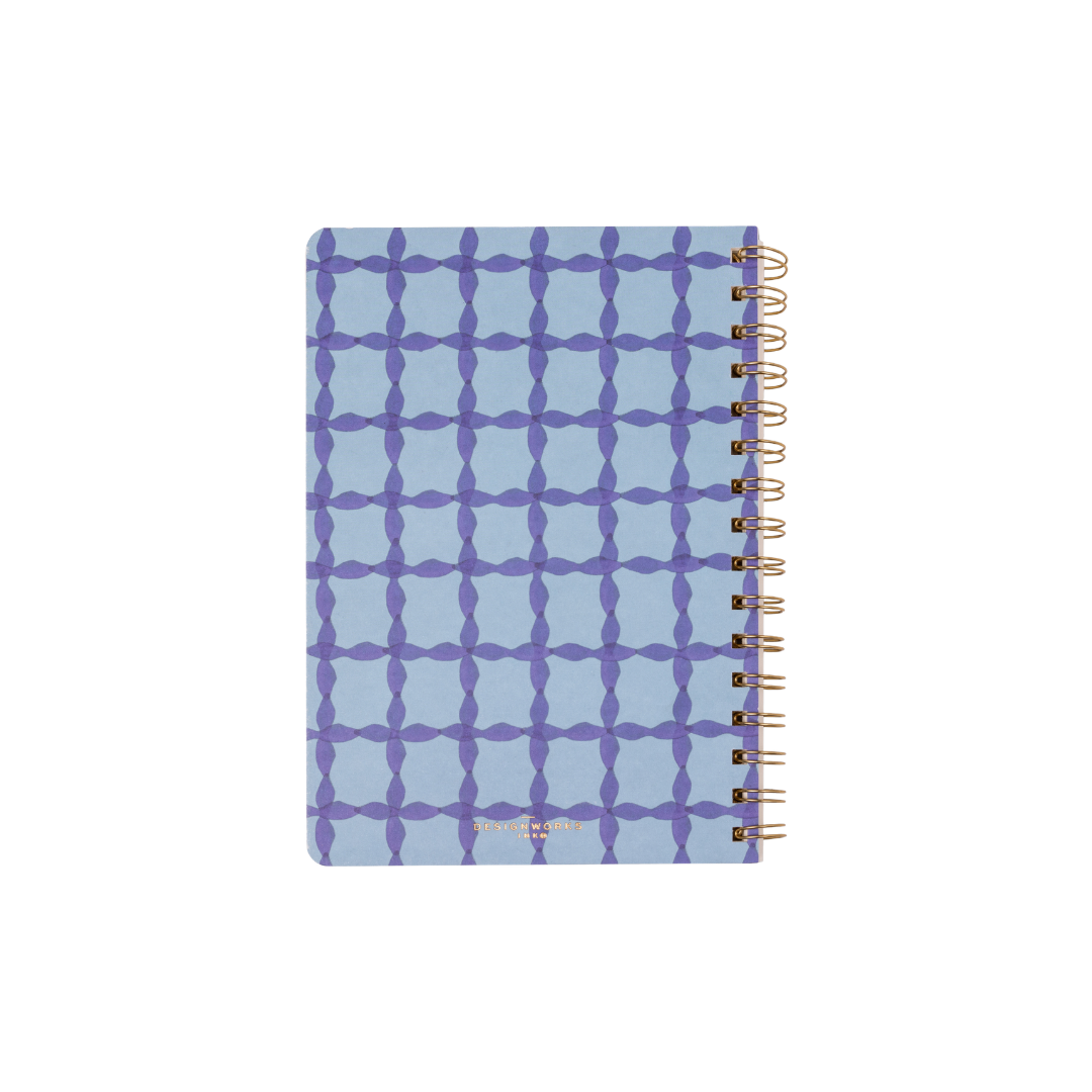 The Tulip Twin Wire Notebook - Small Blue Lattice has a light blue cover with a geometric lattice pattern, lined perforated pages, and right-side twin-wire binding, all set against a white background.