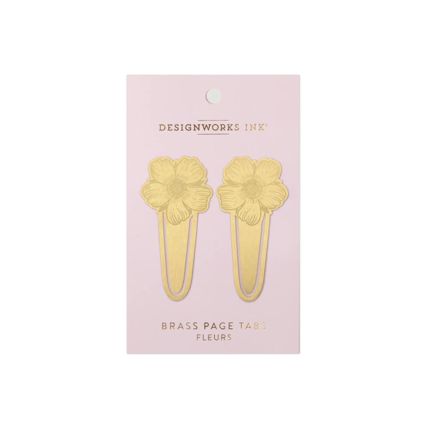 Brass Page Tabs - Fleurs on cardboard packaging