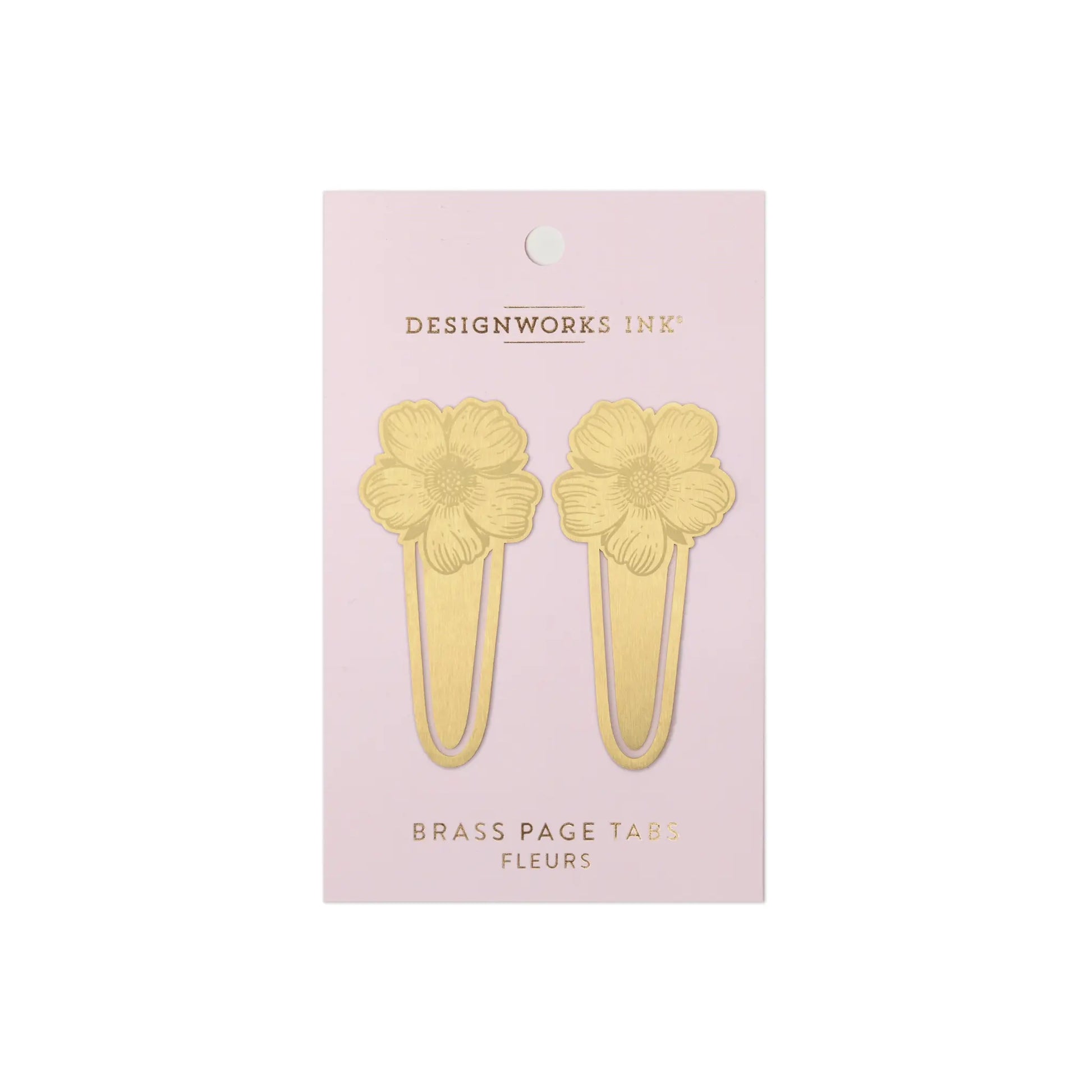 Brass Page Tabs - Fleurs on cardboard packaging