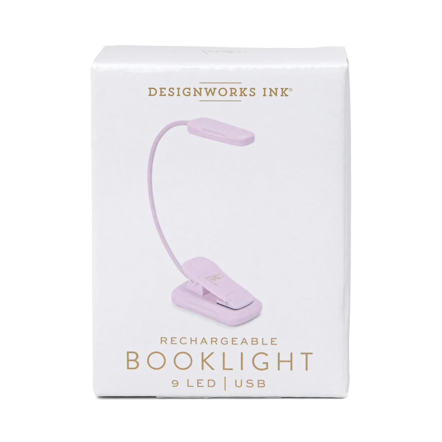 White box packaging for the Book Light - Lilac, a compact and lightweight LED booklight with 9 LED settings and USB, featuring an image of the lilac booklight on the front.