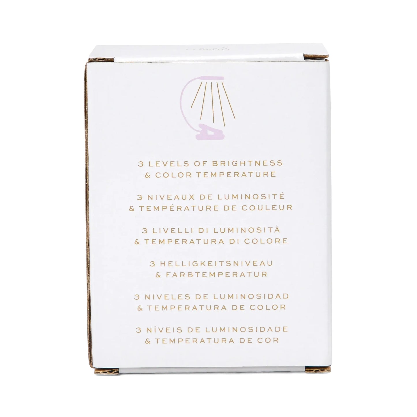 A white box features a lamp icon above text in six languages, describing the Book Light - Lilac’s 9 LED settings—three brightness and color temperature levels. Compact and lightweight for convenient use anywhere.