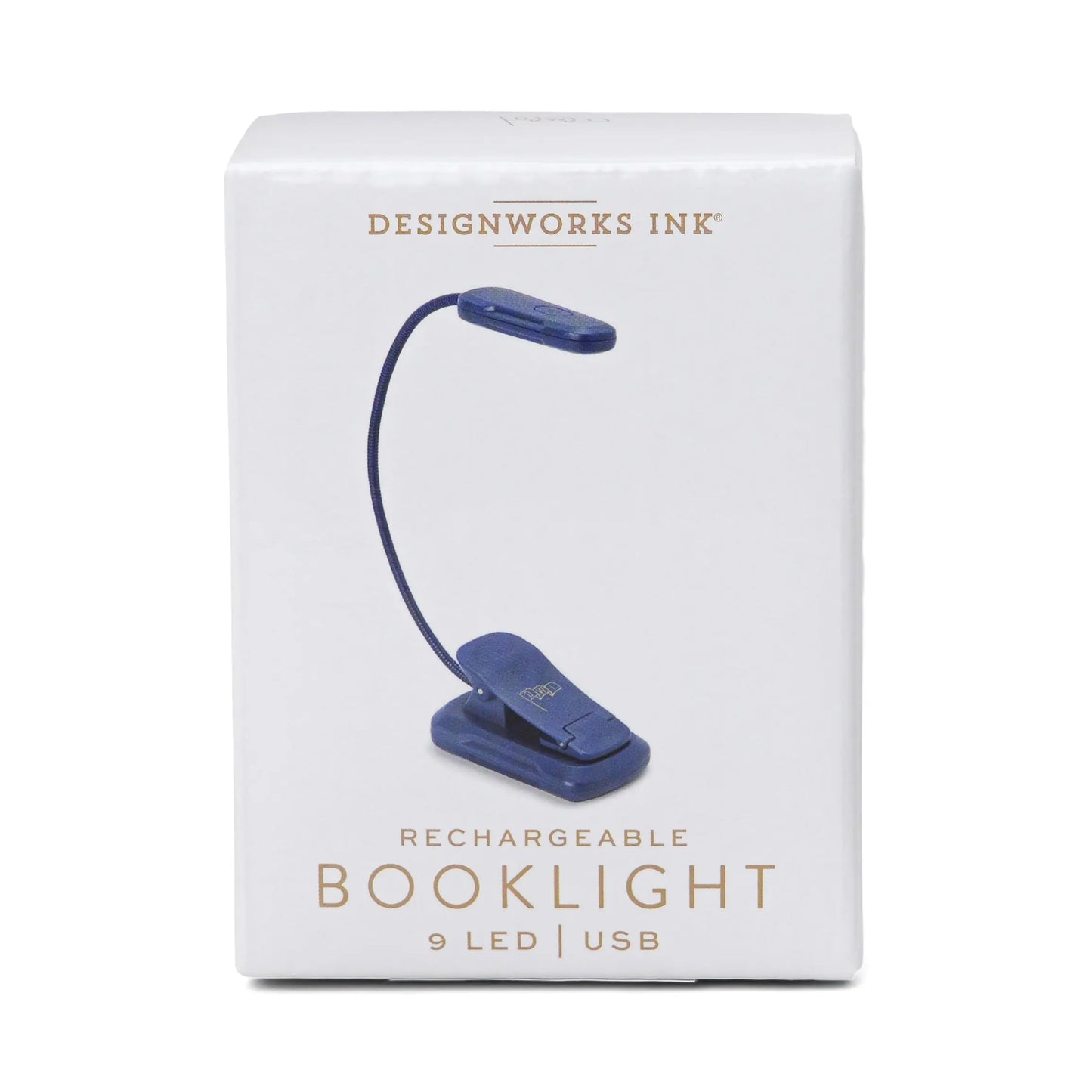 White box packaging for the Book Light - Navy, designed with a lightweight build, 9 LEDs, USB charging, and a flexible neck with clip—making it an ideal travel companion for avid readers.