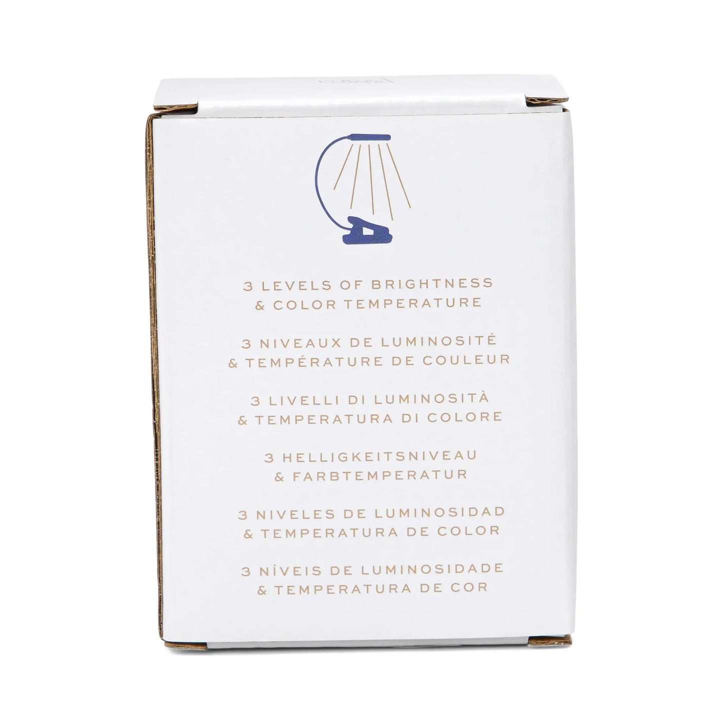 Navy Book Light box features an illustration of the LED lamp, with text listing 3 brightness levels & color temperature in six languages—making it a perfect lightweight travel companion.