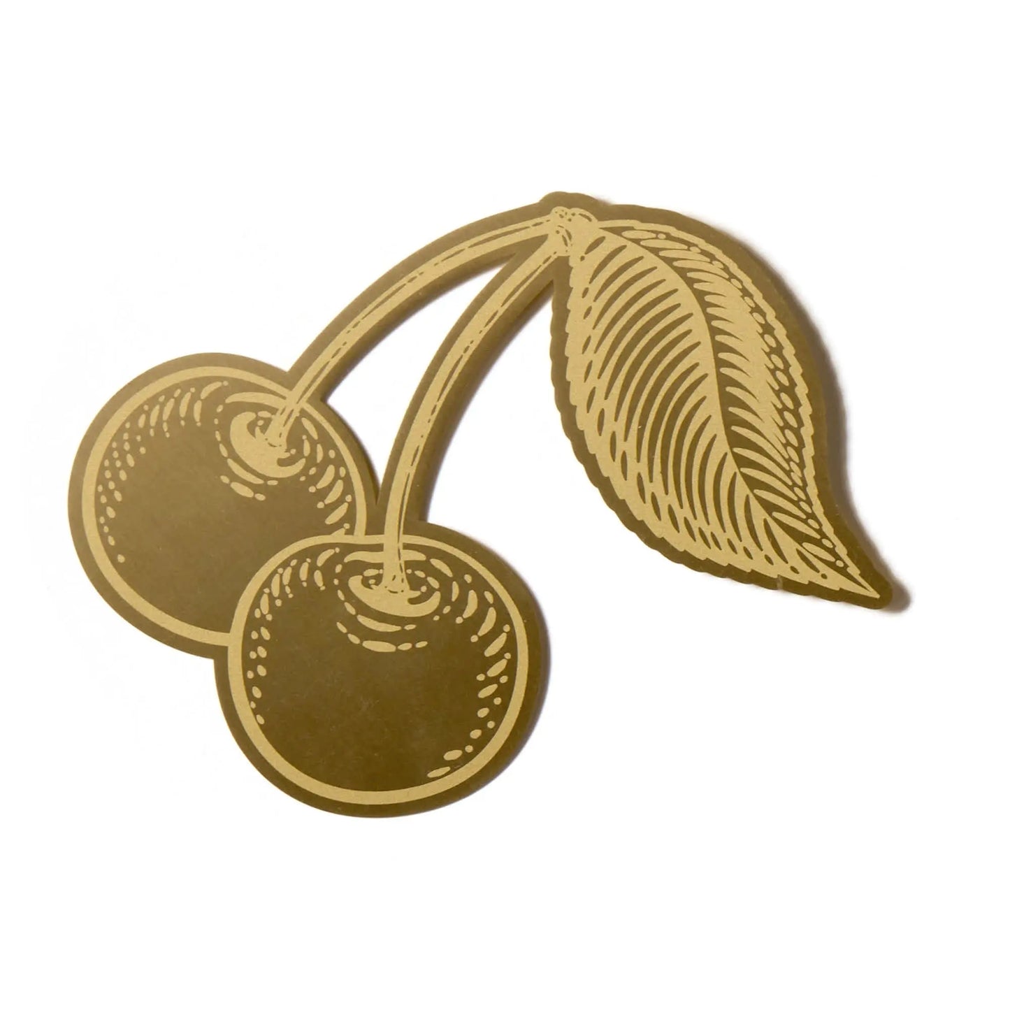 The Brass Bookmark - Cherries features a stylized gold illustration of two cherries with stems and a single leaf, adding a touch of sophistication—ideal for unique or decorative bookmarks.