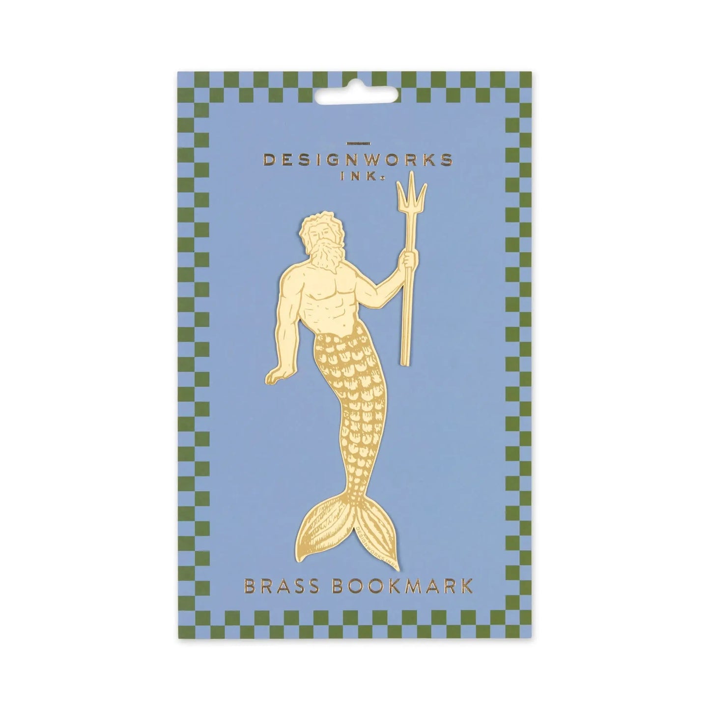 The Brass Bookmark - Poseidon features a merman with a trident for a refined touch, presented on blue packaging labeled DesignWorks Ink. Brass Bookmark.