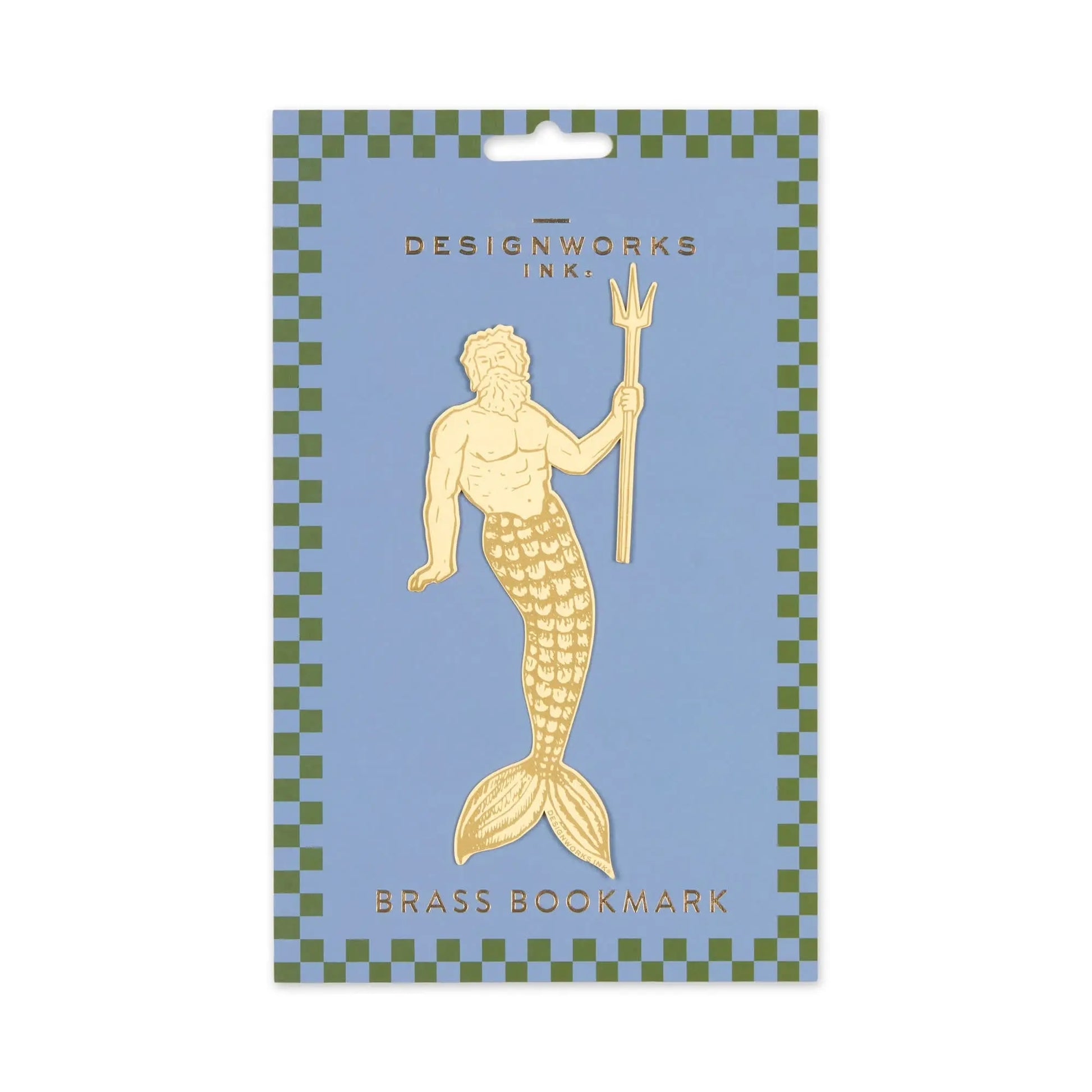The Brass Bookmark - Poseidon features a merman with a trident for a refined touch, presented on blue packaging labeled DesignWorks Ink. Brass Bookmark.