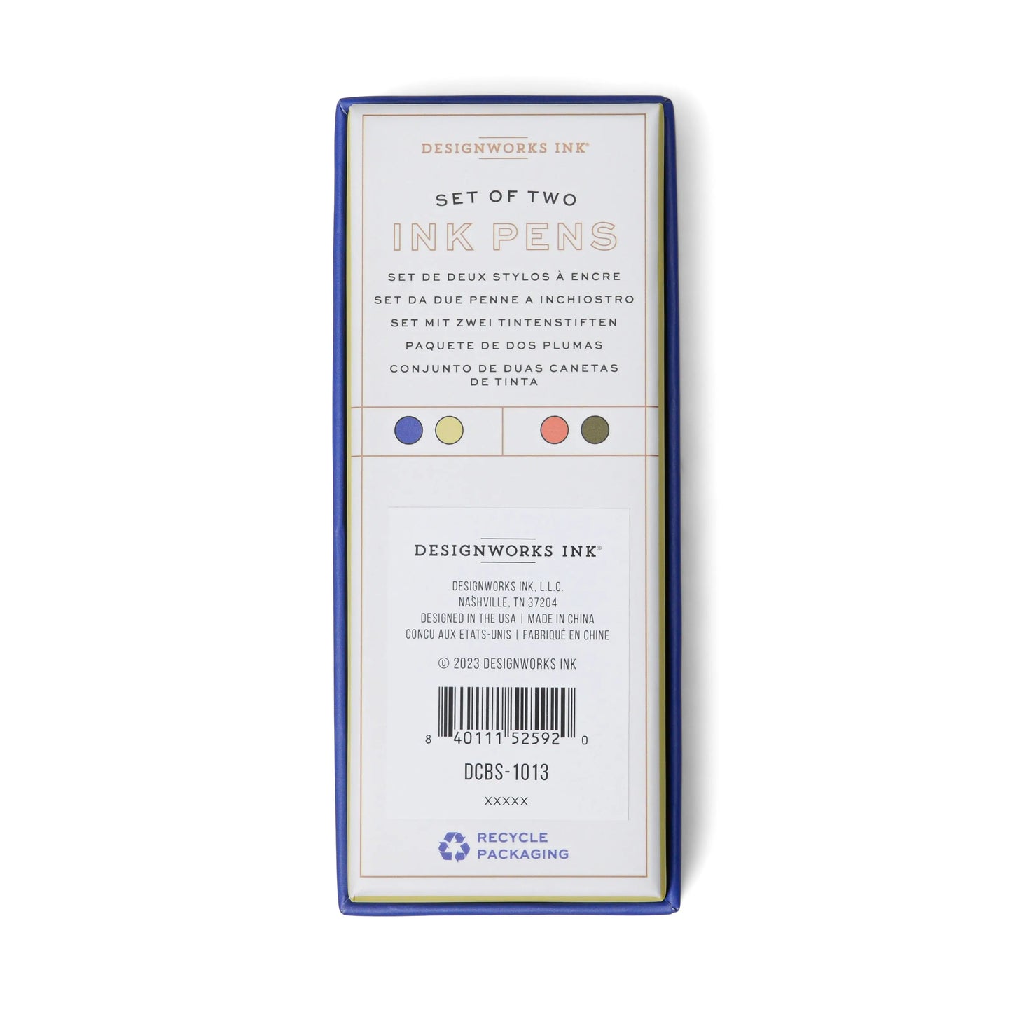 Back of a Color Block Pens - Cobalt + Army Green set of two matte-finish ink pens package, displaying product info, barcode, and recycling symbol on a white background.