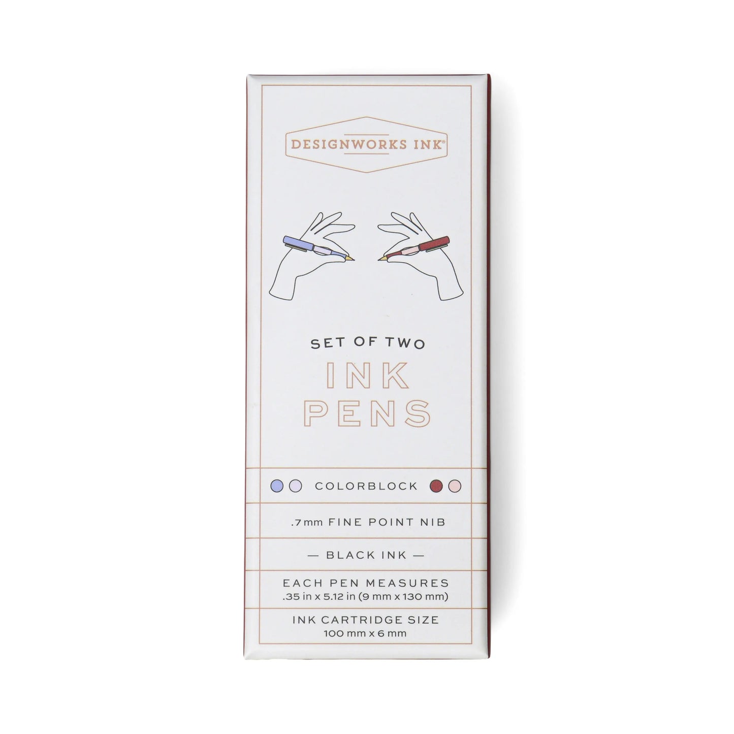 The Designworks Ink Color Block Pens - Lavender + Blush set includes two luxurious rectangular pens with ultra fine 0.7mm ballpoint tips, black ink, and cartridge details.