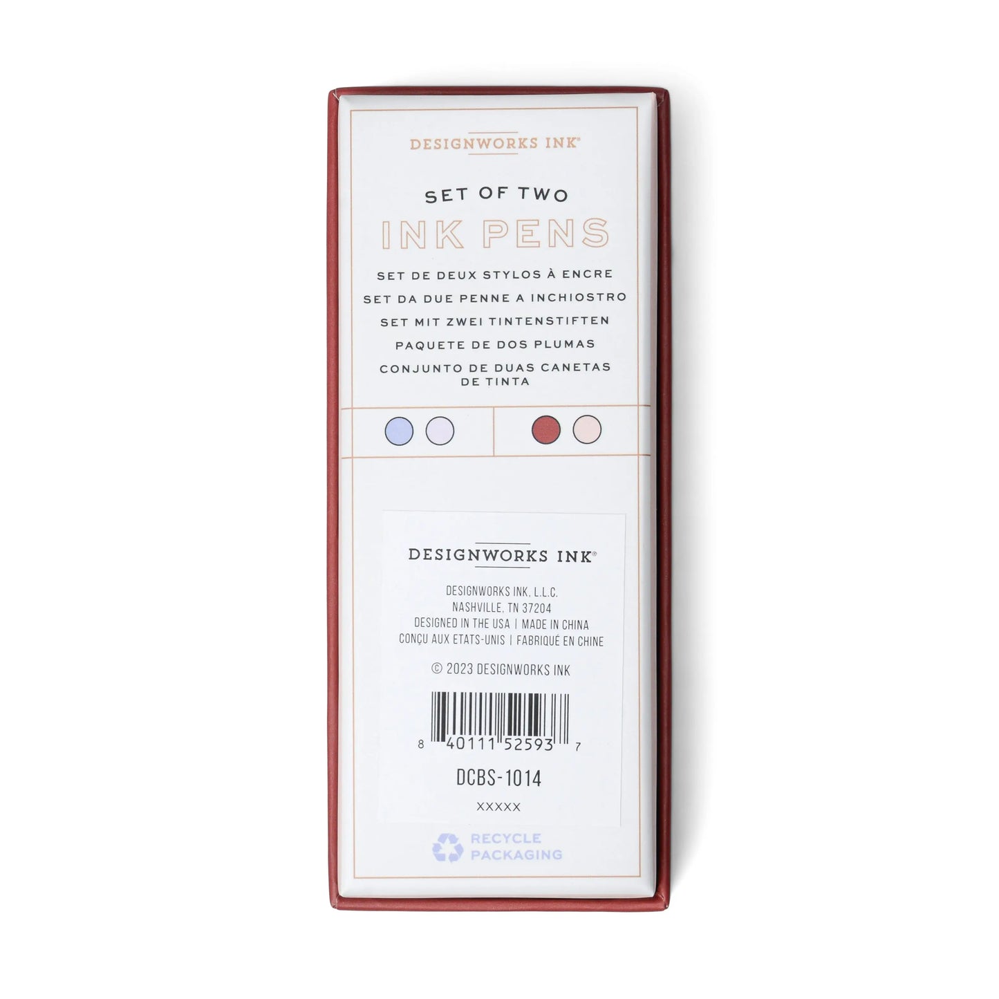 Back of a Color Block Pens - Lavender + Blush set shows product details, barcode, recycling icons, and multilingual text. Includes two luxurious pens with ultra fine ballpoint tips for smooth writing.