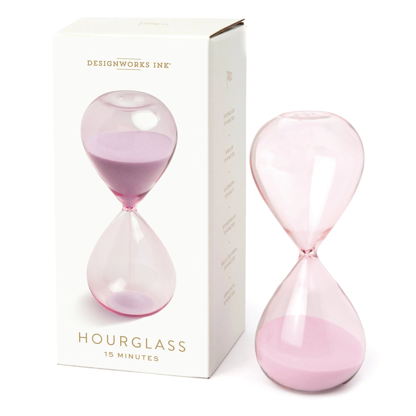 The Hourglass, 15 min - Lilac features purple sand in a pink, elegantly designed hourglass. It comes with a box displaying its image and “Hourglass 15 Minutes.” Ideal for timing meditation sessions.
