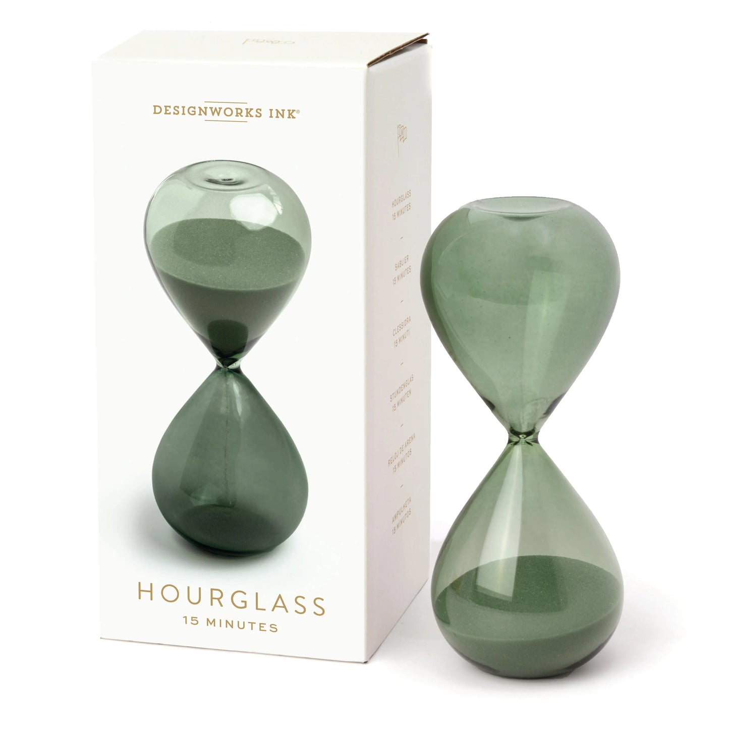 A green sand hourglass, Hourglass, 15 min - Evergreen, stands next to its box—ideal for timing quick meetings with style.