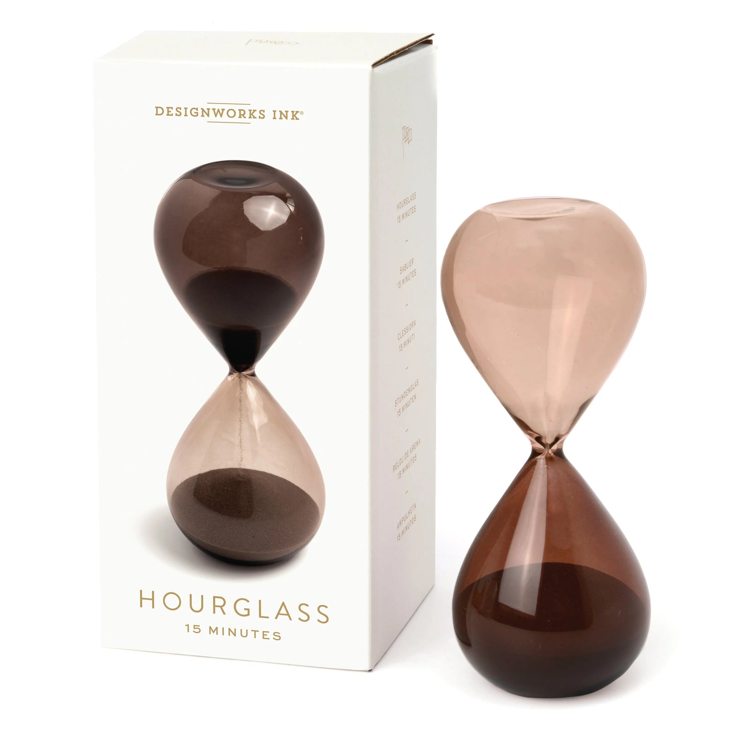 A brown glass hourglass named Hourglass, 15 min - Smoky Quartz stands by its packaging box.