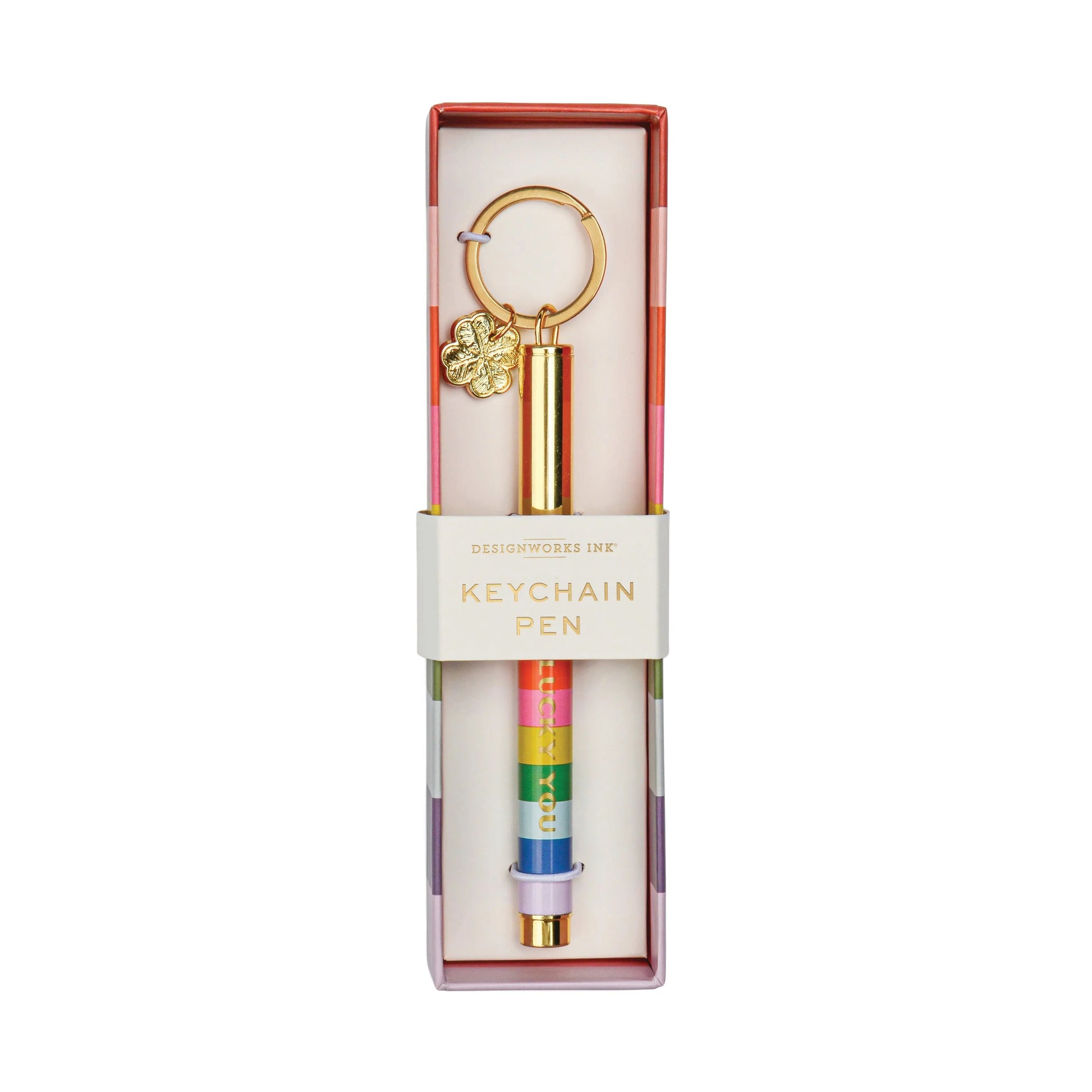 The Pen Keychain - Lucky You features rainbow stripes, gold accents, and a small charm in a compact design—perfect for writing on the go. Comes displayed in a white box labeled Keychain Pen.
