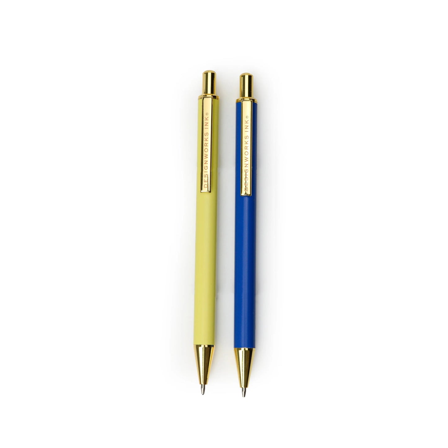 Two Mechanical Pencils, Cobalt and Citron, with gold clips and tips, displayed side by side on a white background for an elevated writing experience.