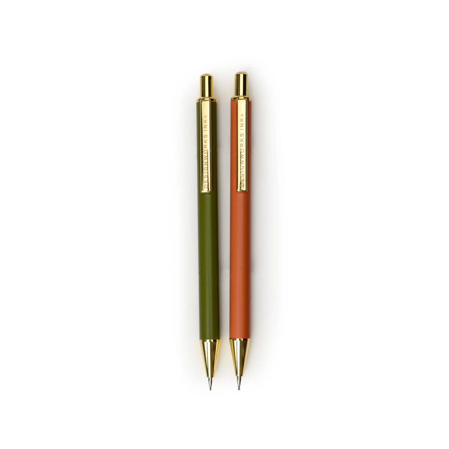 Two Mechanical Pencils - Green + Chili, with gold accents and 0.7mm lead for smooth writing, are shown side by side on a white background.