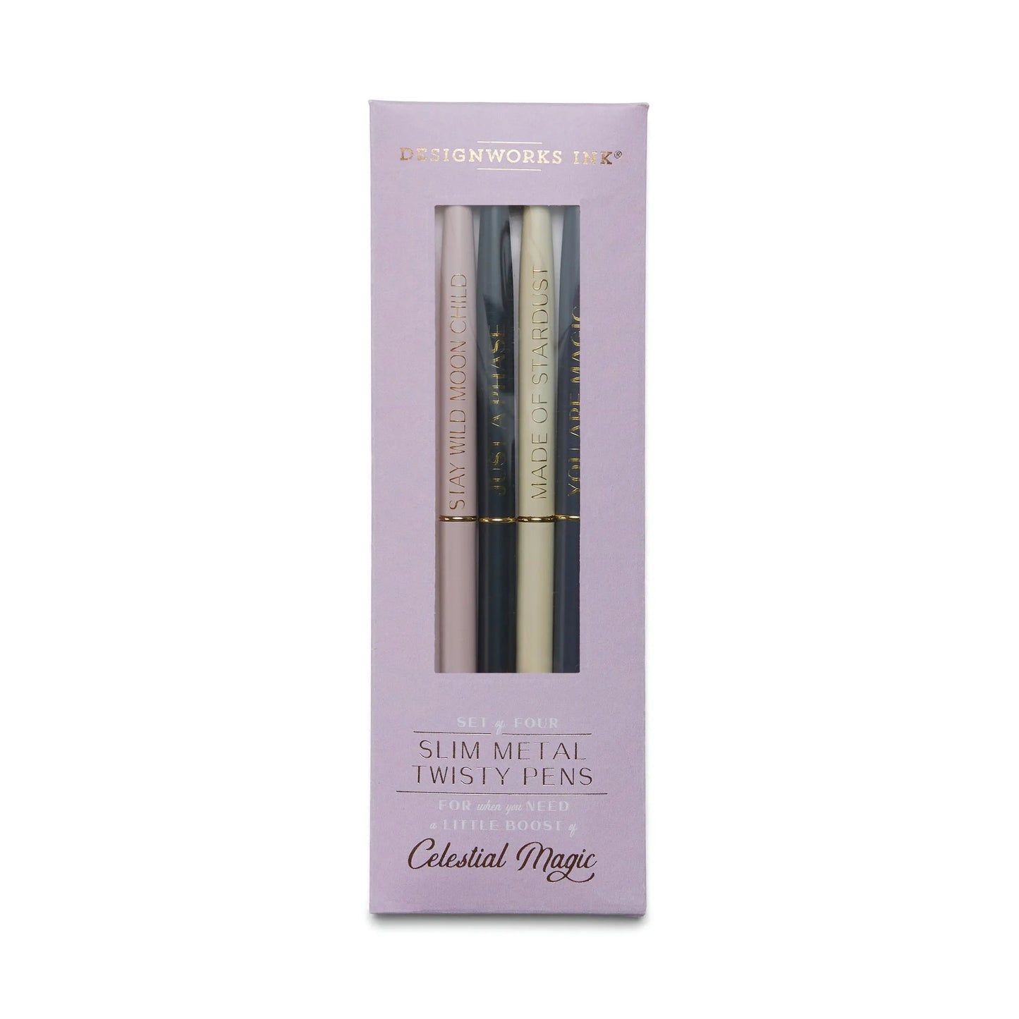 A set of four Slim Metal Twisty Pens - Celestial by DesignWorks Ink in black, silver, gold, and white with gold foil designs, packaged in a purple Celestial Magic box.