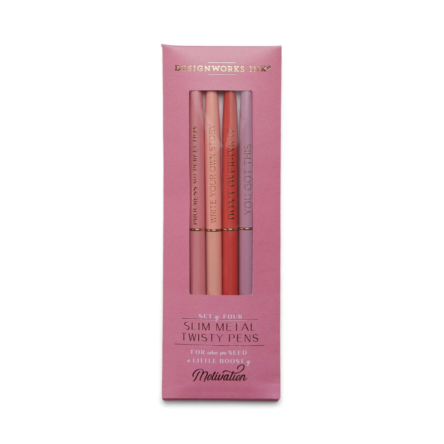 The Slim Metal Twisty Pens - Motivation set includes four sleek pink pens in a stylish box, each featuring gold foil designs and motivational phrases in various pink shades.