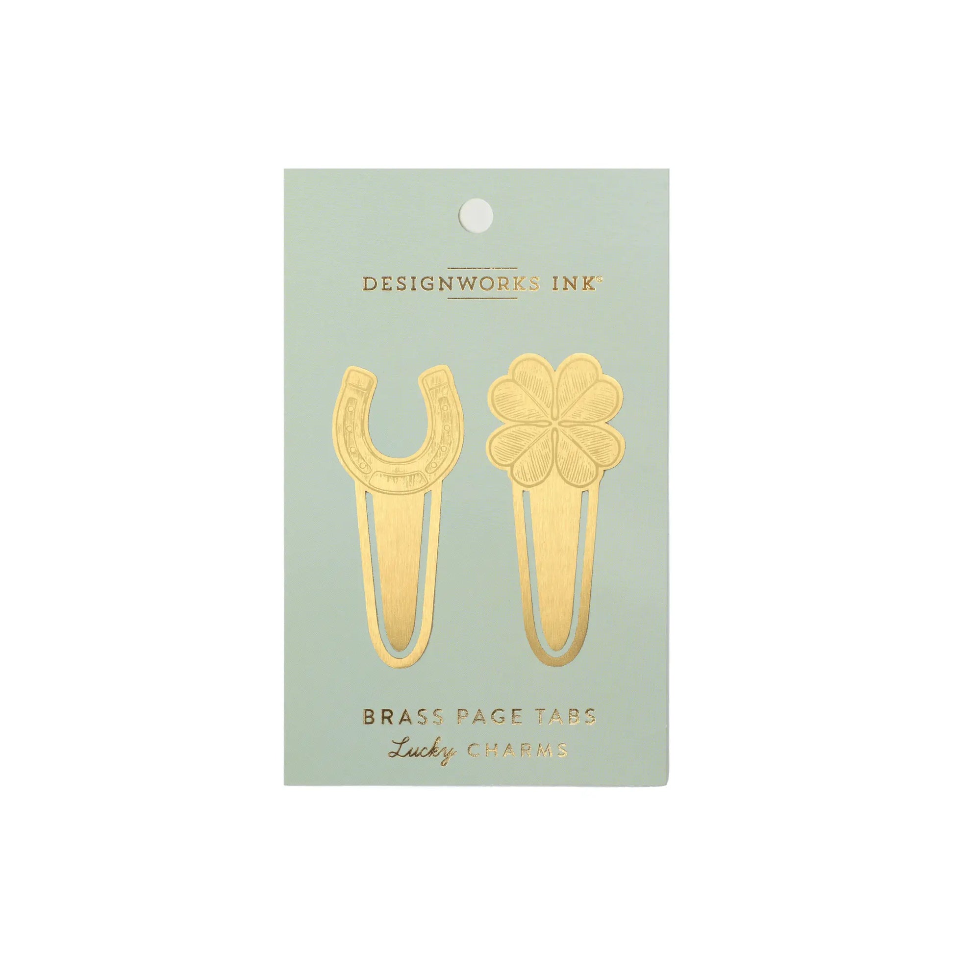 Brass Page Tabs - Lucky Charms on seafoam green packaging and white background