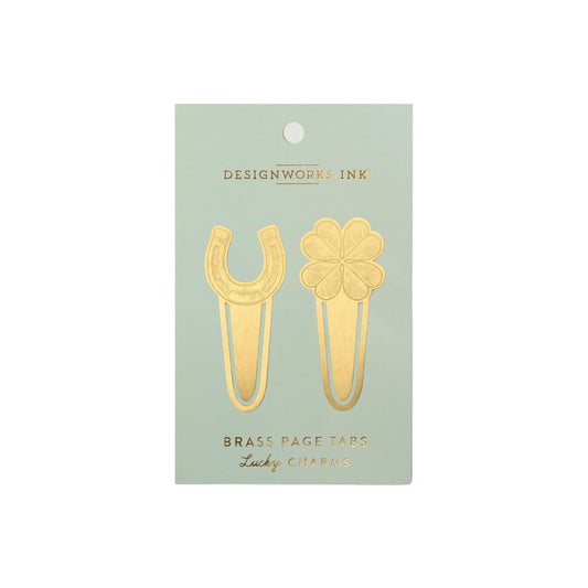 Brass Page Tabs - Lucky Charms on seafoam green packaging and white background