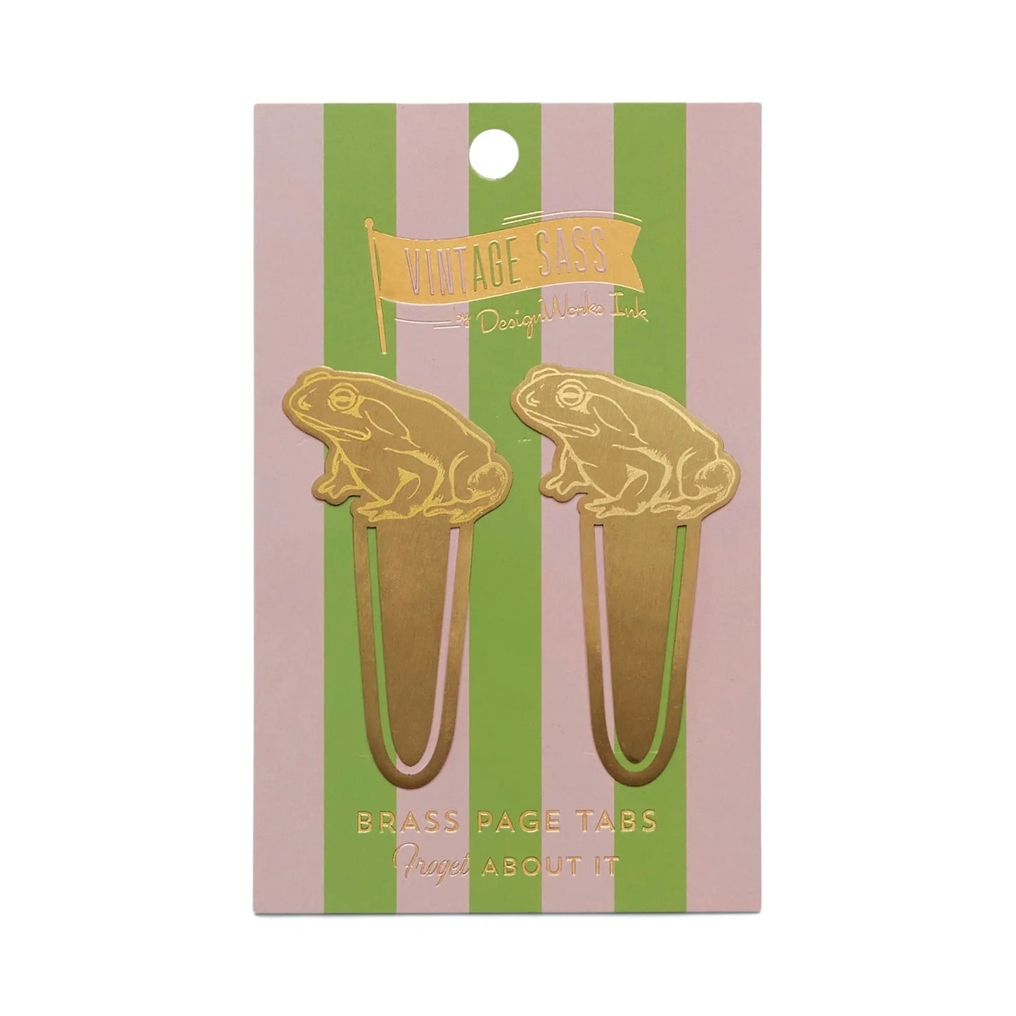 Two gold-finished brass frog-shaped page tabs from Vintage Sass, named Frogret about it, are attached to a pink and green striped backing card—stylish bookmarks with a modern flair.