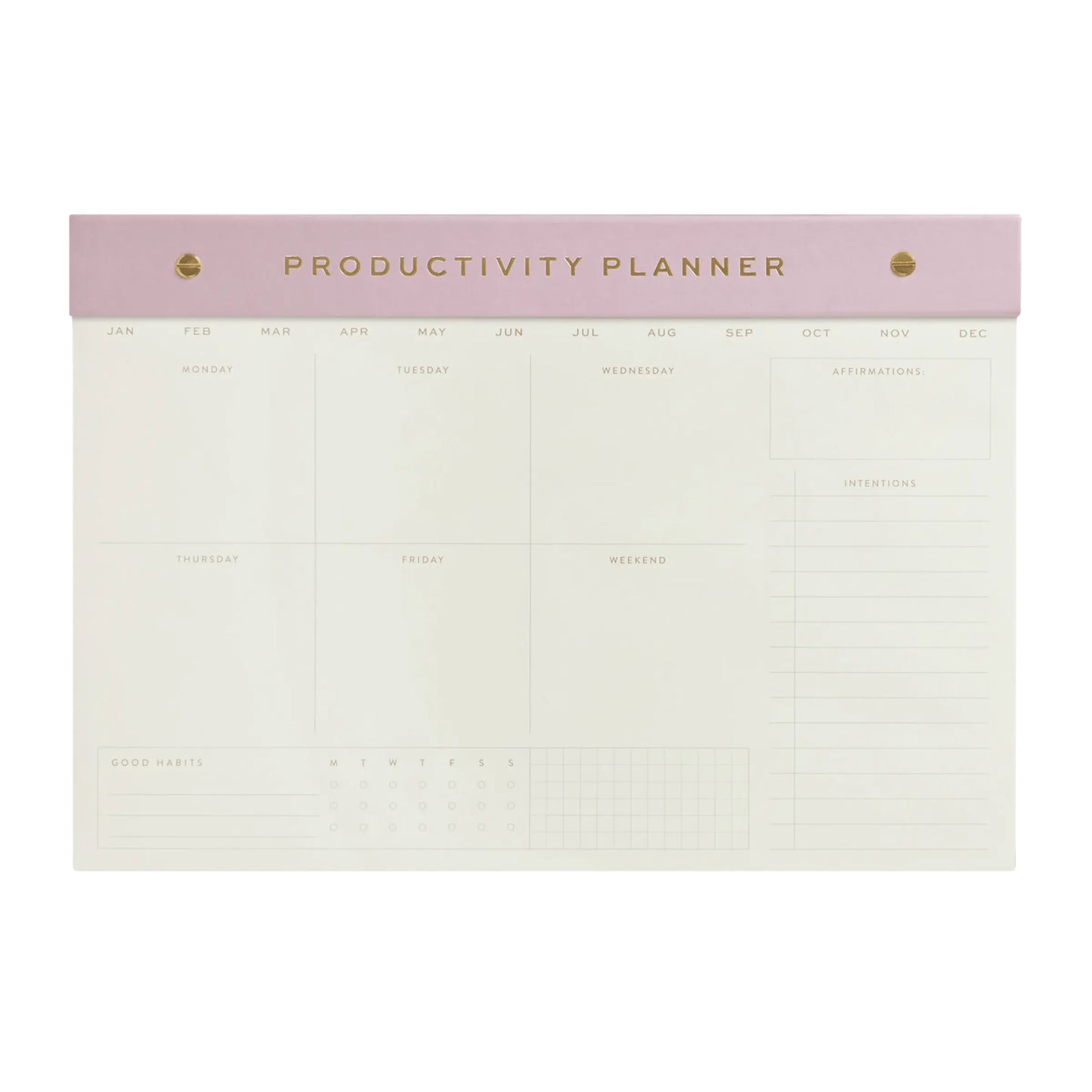 The Weekly Postbound Notepad - Lilac features a rectangular design with a lilac header, gold text, and sections for days of the week, affirmations, intentions, a habit tracker, and months listed across the top for organized planning.