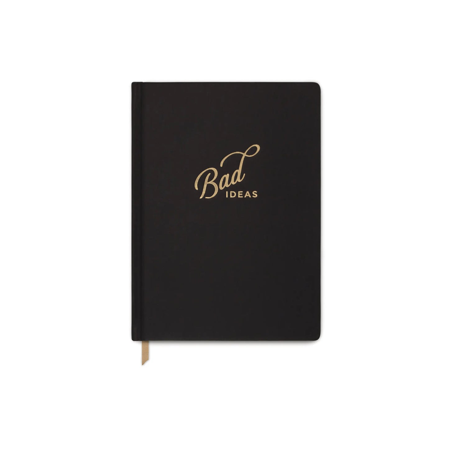 The Bookcloth Jumbo Journal - Bad Ideas features a black hardcover with Bad Ideas in gold on the front, lined acid-free pages, and a matching gold ribbon bookmark for stylish note-taking.