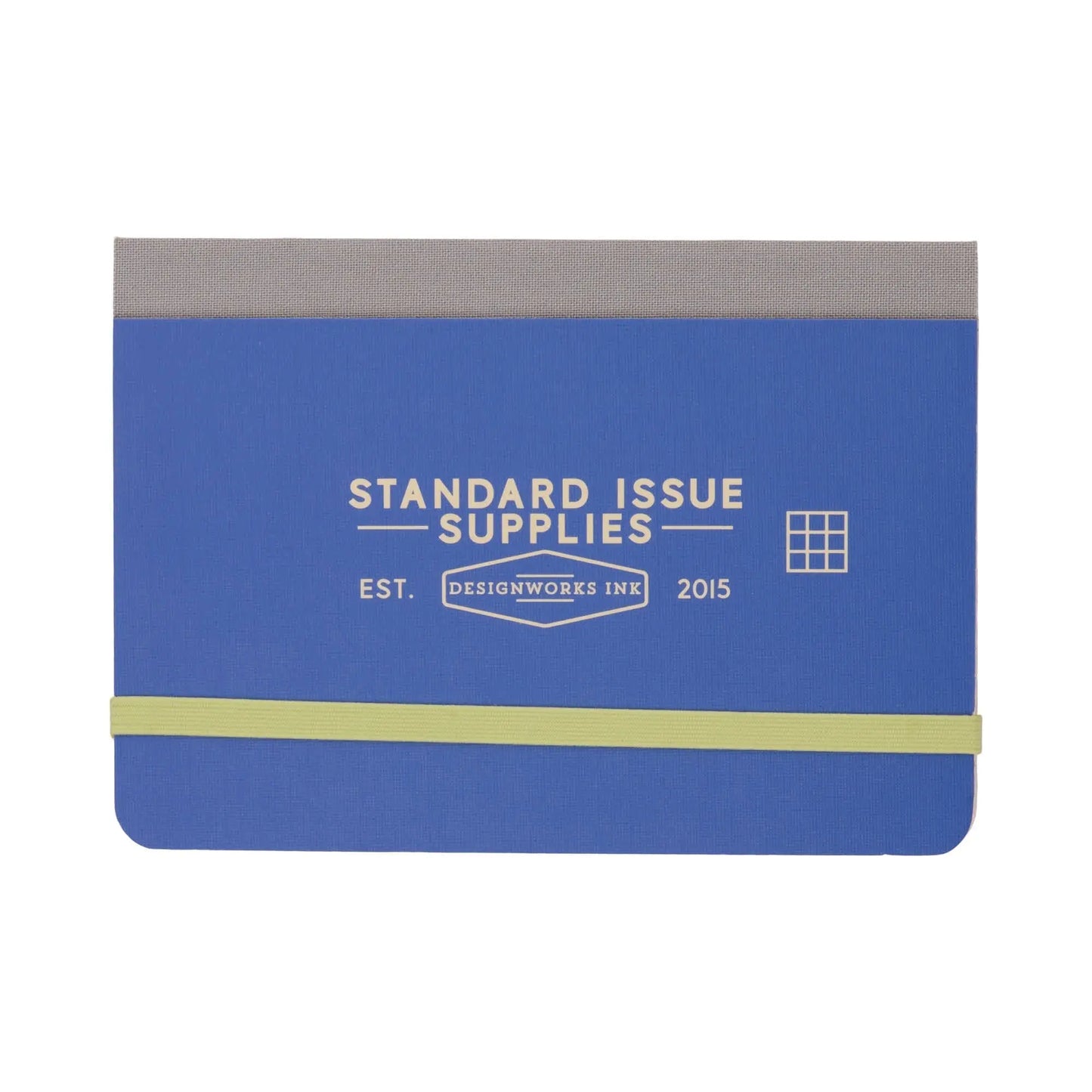 The Standard Issue Pocket Journal - Cobalt + Citron features blue and gray covers, a yellow elastic band, and a grid icon that reflects its practical grid format.