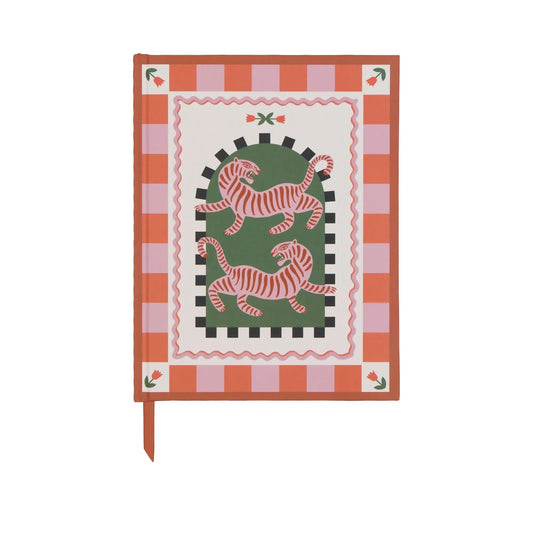 The A Dopo Tiger Journal - 6 X 7.75 features two pink tigers on a green arch, set within a red and pink checkered border with floral corners and a ribbon bookmark—ideal for adding imaginative flair to your journaling.