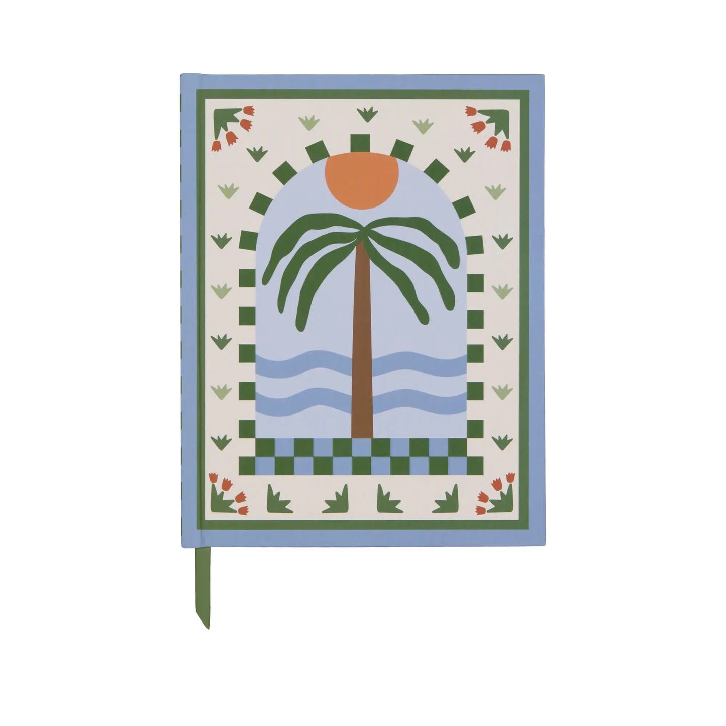 The A Dopo Palm Journal (6 x 7.75) features a Mediterranean-inspired cover with palm tree, waves, and sun art bordered by vibrant patterns. Includes a green ribbon bookmark—ideal for journaling or inspiring creativity.