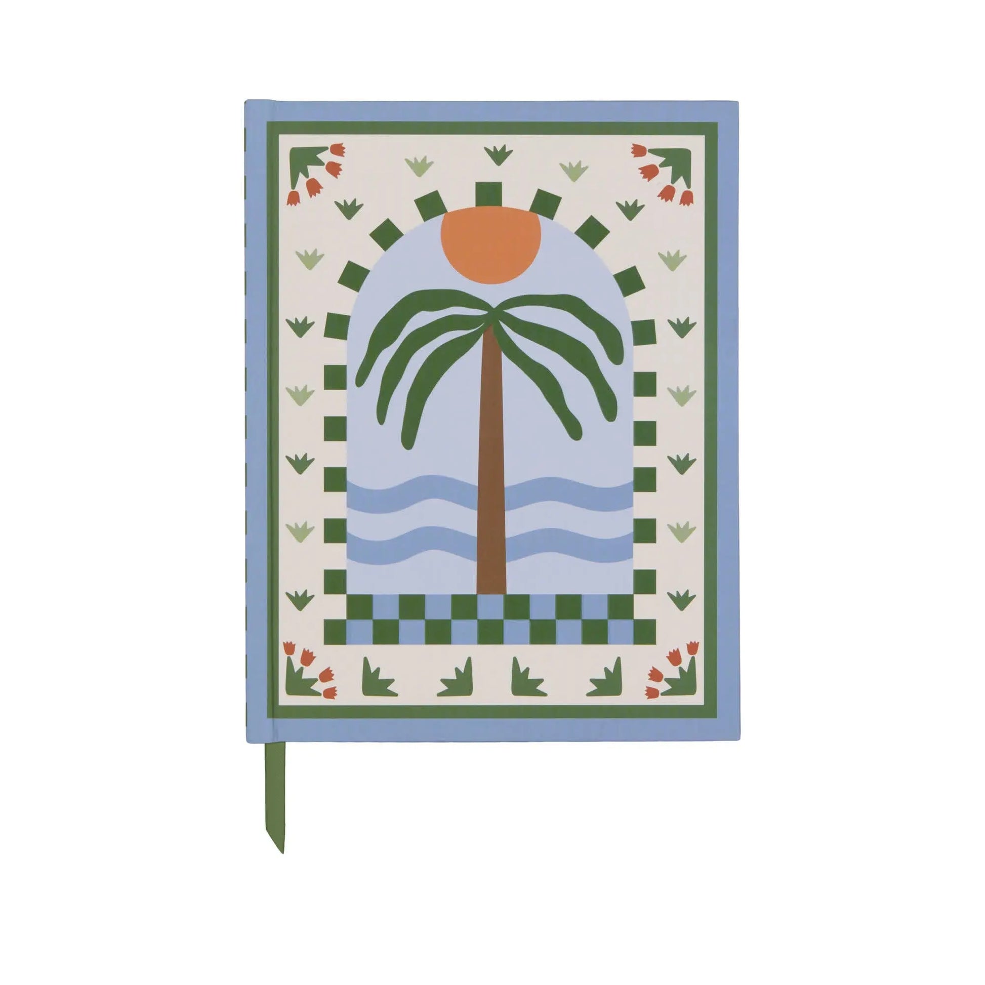 The A Dopo Palm Journal (6 x 7.75) features a Mediterranean-inspired cover with palm tree, waves, and sun art bordered by vibrant patterns. Includes a green ribbon bookmark—ideal for journaling or inspiring creativity.