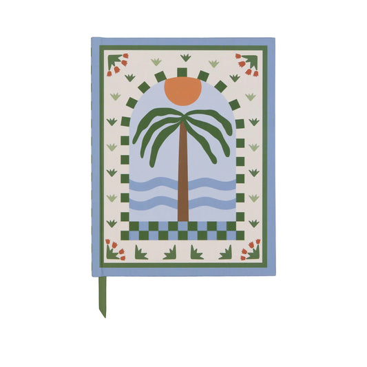 The A Dopo Palm Journal (6 x 7.75) features a Mediterranean-inspired cover with palm tree, waves, and sun art bordered by vibrant patterns. Includes a green ribbon bookmark—ideal for journaling or inspiring creativity.