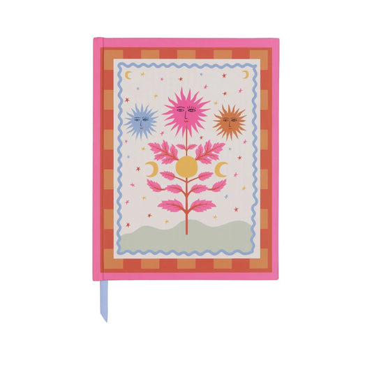 The A Dopo Sun Journal (6 x 7.75) features a pink hardcover with colorful floral and Mediterranean sun, moon, and star motifs plus a blue ribbon bookmark—perfect for inspiring creativity.