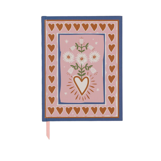 The A Dopo Hearts Journal (6 x 7.75) features a pink floral cover with a heart motif, brown heart border, and pink ribbon bookmark—perfect for creative design notes or Mediterranean travel memories.