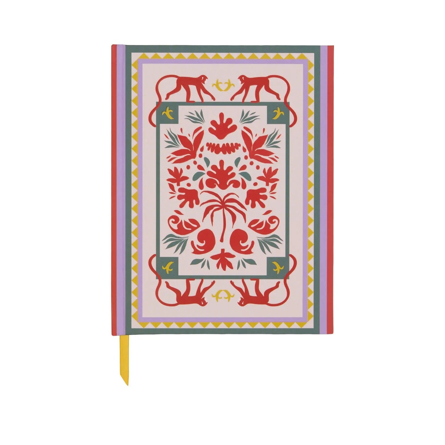 The A Dopo Monkey Journal - 6 X 7.75 features a colorful cover with red animal and floral designs, geometric borders, and a yellow ribbon bookmark. Its lay-flat binding allows for easy writing on every page.