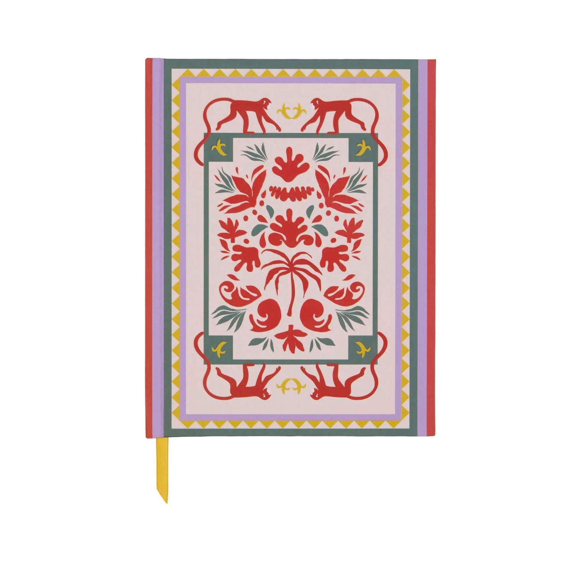 The A Dopo Monkey Journal - 6 X 7.75 features a colorful cover with red animal and floral designs, geometric borders, and a yellow ribbon bookmark. Its lay-flat binding allows for easy writing on every page.