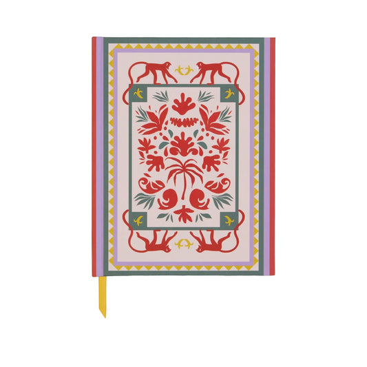 The A Dopo Monkey Journal - 6 X 7.75 features a colorful cover with red animal and floral designs, geometric borders, and a yellow ribbon bookmark. Its lay-flat binding allows for easy writing on every page.